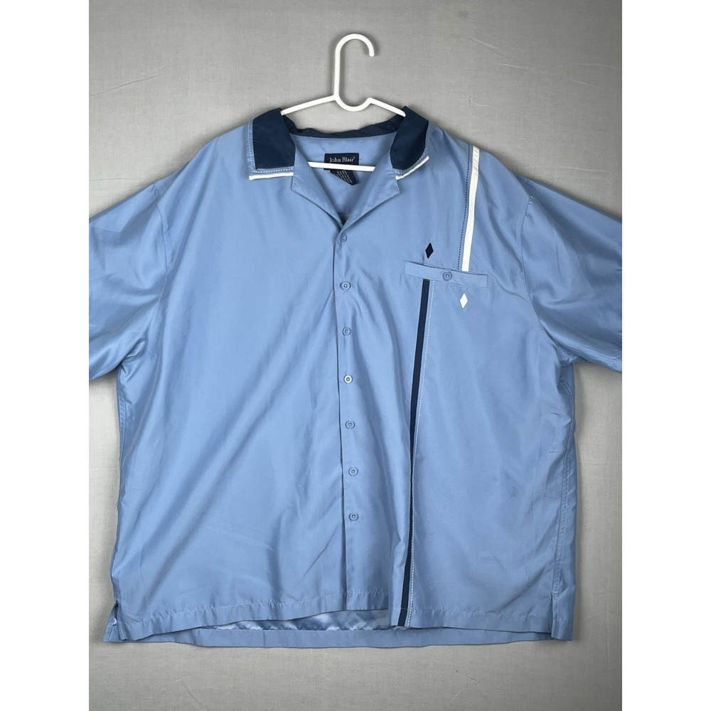 John Blair Button Up Shirt Mens 3XL Blue Short Sleeve Retro Bowling Casual Camp‎